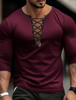 Online OUKU Men's T Shirt Velvet Tee Tee Top Long Sleeve Shirt Long Sleeve Collar Spring & Fall Plain Fashion Designer Basic Lace up Vacation Street Going out Black Blue Purple Top Tee for Men