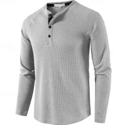 Clearance OUKU Men's T shirt Waffle Henley Shirt Henley Shirt Tee Top Long Sleeve Shirt Plain Henley Street Vacation Long Sleeve Knitting Clothing Apparel Fashion Designer Basic
