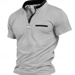 Best OUKU Men's T Shirt Waffle Knit Tee Quarter Zip Tee Tee Top Short Sleeves Quarter Zip Summer Patchwork Fashion Designer Basic Vacation Street Going out Navy Blue Khaki Light Grey Top Tee for Men