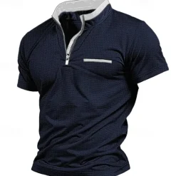 Best OUKU Men's T Shirt Waffle Knit Tee Quarter Zip Tee Tee Top Short Sleeves Quarter Zip Summer Patchwork Fashion Designer Basic Vacation Street Going out Navy Blue Khaki Light Grey Top Tee for Men