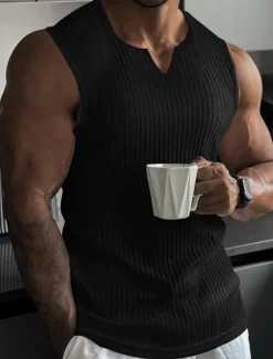 Hot OUKU Men's T Shirt Wife beater Shirt Tee Top Short Sleeves V Neck Summer Plain Fashion Designer Basic V Neck Vacation Street Going out Black White Wine Top Tee for Men