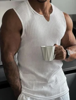 Hot OUKU Men's T Shirt Wife beater Shirt Tee Top Short Sleeves V Neck Summer Plain Fashion Designer Basic V Neck Vacation Street Going out Black White Wine Top Tee for Men