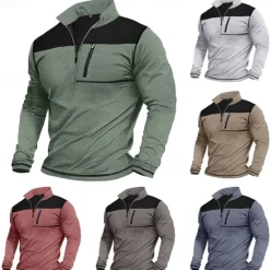 Online OUKU Men's T Shirt Zip Polo Tactical t shirt Tee Top Long Sleeve Quarter Zip Banded Collar Spring & Fall Color Block Daily Casual Street Style Pocket Quarter Zip Outdoor Street Causal Blue Green Wine Top