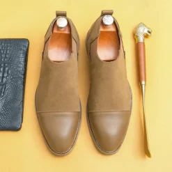 Outlet OUKU Men's Tan Chelsea Boots with Faux Leather and Suede Upper – Slip-On Elastic Design, Casual and Comfortable for Daily Wear or Semi-Formal Occasions
