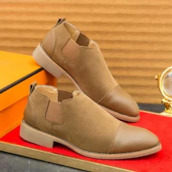 Outlet OUKU Men's Tan Chelsea Boots with Faux Leather and Suede Upper – Slip-On Elastic Design, Casual and Comfortable for Daily Wear or Semi-Formal Occasions