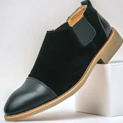 Outlet OUKU Men's Tan Chelsea Boots with Faux Leather and Suede Upper – Slip-On Elastic Design, Casual and Comfortable for Daily Wear or Semi-Formal Occasions