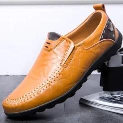 Clearance OUKU Men's Tan Faux Leather Slip-On Loafers with Hand-Stitched Detailing – Comfortable Casual Shoes for Work, Travel, and Everyday Wear