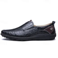 Clearance OUKU Men's Tan Faux Leather Slip-On Loafers with Hand-Stitched Detailing – Comfortable Casual Shoes for Work, Travel, and Everyday Wear