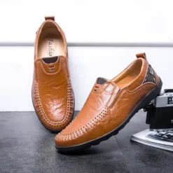 Clearance OUKU Men's Tan Faux Leather Slip-On Loafers with Hand-Stitched Detailing – Comfortable Casual Shoes for Work, Travel, and Everyday Wear