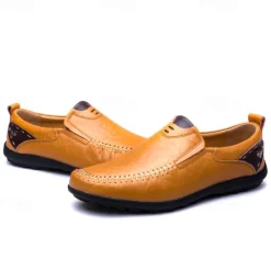 Clearance OUKU Men's Tan Faux Leather Slip-On Loafers with Hand-Stitched Detailing – Comfortable Casual Shoes for Work, Travel, and Everyday Wear