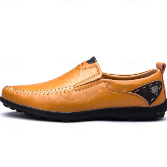 Clearance OUKU Men's Tan Faux Leather Slip-On Loafers with Hand-Stitched Detailing – Comfortable Casual Shoes for Work, Travel, and Everyday Wear