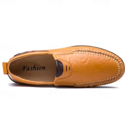 Clearance OUKU Men's Tan Faux Leather Slip-On Loafers with Hand-Stitched Detailing – Comfortable Casual Shoes for Work, Travel, and Everyday Wear
