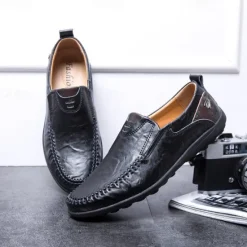 Clearance OUKU Men's Tan Faux Leather Slip-On Loafers with Hand-Stitched Detailing – Comfortable Casual Shoes for Work, Travel, and Everyday Wear