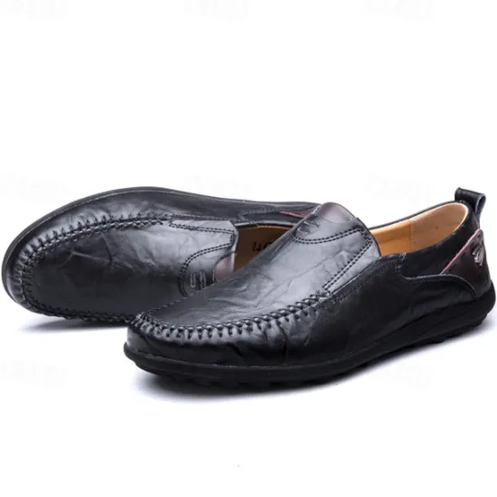 Clearance OUKU Men's Tan Faux Leather Slip-On Loafers with Hand-Stitched Detailing – Comfortable Casual Shoes for Work, Travel, and Everyday Wear