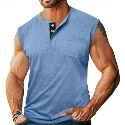 Outlet OUKU Men's Tank Top Henley Shirt Vest Top Undershirt Sleeveless Henley Summer Plain Fashion Designer Muscle Buttons Outdoor Street Going out Black White Khaki Top Tee for Men