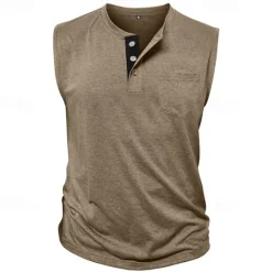 Outlet OUKU Men's Tank Top Henley Shirt Vest Top Undershirt Sleeveless Henley Summer Plain Fashion Designer Muscle Buttons Outdoor Street Going out Black White Khaki Top Tee for Men