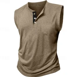 Outlet OUKU Men's Tank Top Henley Shirt Vest Top Undershirt Sleeveless Henley Summer Plain Fashion Designer Muscle Buttons Outdoor Street Going out Black White Khaki Top Tee for Men