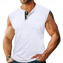 Outlet OUKU Men's Tank Top Henley Shirt Vest Top Undershirt Sleeveless Henley Summer Plain Fashion Designer Muscle Buttons Outdoor Street Going out Black White Khaki Top Tee for Men