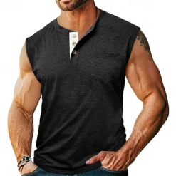Outlet OUKU Men's Tank Top Henley Shirt Vest Top Undershirt Sleeveless Henley Summer Plain Fashion Designer Muscle Buttons Outdoor Street Going out Black White Khaki Top Tee for Men