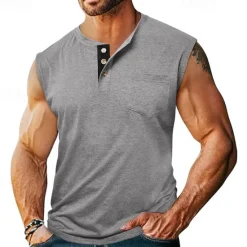 Outlet OUKU Men's Tank Top Henley Shirt Vest Top Undershirt Sleeveless Henley Summer Plain Fashion Designer Muscle Buttons Outdoor Street Going out Black White Khaki Top Tee for Men