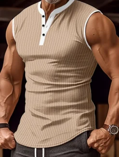 Sale OUKU Men's Tank Top Henley Shirt Vest Top Undershirt Sleeveless Henley Summer Color Block Pit Strip Fashion Designer Muscle Outdoor Going out Gym Black White Wine Top Tee for Men