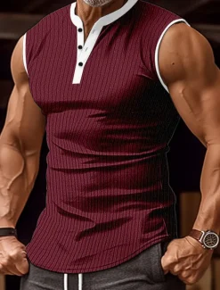 Sale OUKU Men's Tank Top Henley Shirt Vest Top Undershirt Sleeveless Henley Summer Color Block Pit Strip Fashion Designer Muscle Outdoor Going out Gym Black White Wine Top Tee for Men