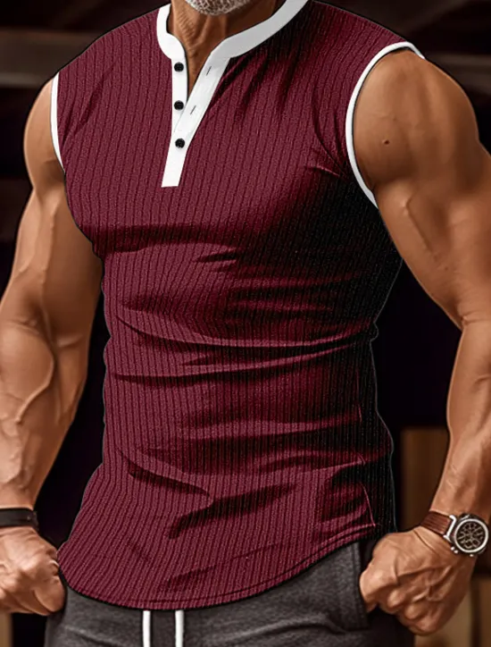 Sale OUKU Men's Tank Top Henley Shirt Vest Top Undershirt Sleeveless Henley Summer Color Block Pit Strip Fashion Designer Muscle Outdoor Going out Gym Black White Wine Top Tee for Men