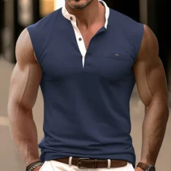 Discount OUKU Men's Tank Top Henley Shirt Vest Top Undershirt Sleeveless Henley Summer Plain Fashion Designer Muscle Buttons Outdoor Going out Gym Black Blue Brown Top Tee for Men
