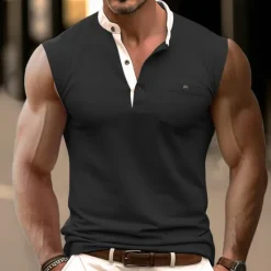 Discount OUKU Men's Tank Top Henley Shirt Vest Top Undershirt Sleeveless Henley Summer Plain Fashion Designer Muscle Buttons Outdoor Going out Gym Black Blue Brown Top Tee for Men
