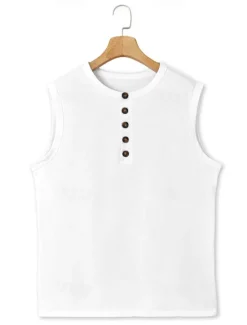 Outlet OUKU Men's Tank Top Henley Shirt Vest Top Undershirt Sleeveless Henley Summer Plain Fashion Designer Muscle Buttons Outdoor Going out Gym Black White Khaki Top Tee for Men