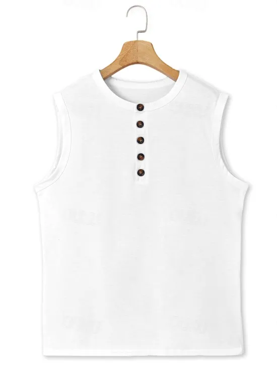 Outlet OUKU Men's Tank Top Henley Shirt Vest Top Undershirt Sleeveless Henley Summer Plain Fashion Designer Muscle Buttons Outdoor Going out Gym Black White Khaki Top Tee for Men