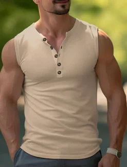 Outlet OUKU Men's Tank Top Henley Shirt Vest Top Undershirt Sleeveless Henley Summer Plain Fashion Designer Muscle Buttons Outdoor Going out Gym Black White Khaki Top Tee for Men