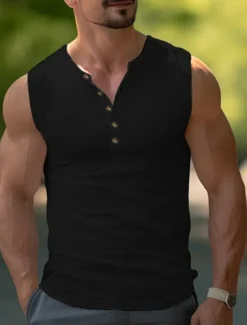 Outlet OUKU Men's Tank Top Henley Shirt Vest Top Undershirt Sleeveless Henley Summer Plain Fashion Designer Muscle Buttons Outdoor Going out Gym Black White Khaki Top Tee for Men