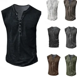 Online OUKU Men's Tank Top Henley Shirt Sleeveless Henley Summer Print Vintage Buttons Vacation Casual Black White Yellow Top Tee for Men