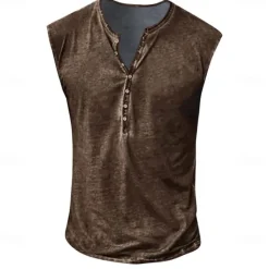 Online OUKU Men's Tank Top Henley Shirt Sleeveless Henley Summer Print Vintage Buttons Vacation Casual Black White Yellow Top Tee for Men