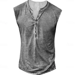 Online OUKU Men's Tank Top Henley Shirt Sleeveless Henley Summer Print Vintage Buttons Vacation Casual Black White Yellow Top Tee for Men