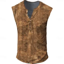 Online OUKU Men's Tank Top Henley Shirt Sleeveless Henley Summer Print Vintage Buttons Vacation Casual Black White Yellow Top Tee for Men