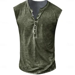 Online OUKU Men's Tank Top Henley Shirt Sleeveless Henley Summer Print Vintage Buttons Vacation Casual Black White Yellow Top Tee for Men