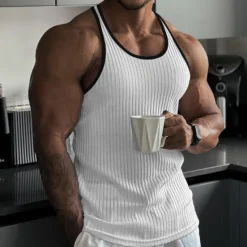 Hot OUKU Men's Tank Top Rib Knit Top Wife beater Shirt Sleeveless Crew Neck Summer Color Block Pit Strip Fashion Designer Muscle Outdoor Going out Gym Black White Pink Top Tee for Men