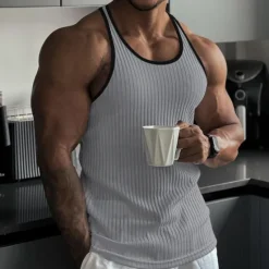 Hot OUKU Men's Tank Top Rib Knit Top Wife beater Shirt Sleeveless Crew Neck Summer Color Block Pit Strip Fashion Designer Muscle Outdoor Going out Gym Black White Pink Top Tee for Men