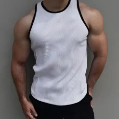 Online OUKU Men's Tank Top Undershirt Sleeveless Shirt Ribbed Knit tee Sleeveless Crew Neck Summer Color Block Pit Strip Fashion Designer Muscle Outdoor Going out Gym Black White Top Tee for Men