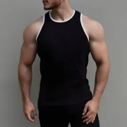 Online OUKU Men's Tank Top Undershirt Sleeveless Shirt Ribbed Knit tee Sleeveless Crew Neck Summer Color Block Pit Strip Fashion Designer Muscle Outdoor Going out Gym Black White Top Tee for Men