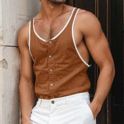 Outlet OUKU Men's Tank Top Undershirt Sleeveless Shirt Sleeveless U Neck Summer Plain Fashion Designer Muscle Patchwork Button-Down Outdoor Going out Gym Black Navy Blue Brown Top Tee for Men