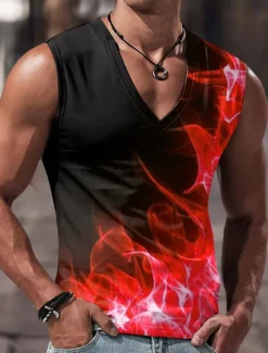Sale OUKU Men's Tank Top Vest Top Sleeveless T Shirt for Men Graphic Color Block Flame V Neck Clothing Apparel 3D Print Sports Running Sleeveless 3D Print Designer Casual Muscle
