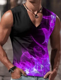 Sale OUKU Men's Tank Top Vest Top Sleeveless T Shirt for Men Graphic Color Block Flame V Neck Clothing Apparel 3D Print Sports Running Sleeveless 3D Print Designer Casual Muscle