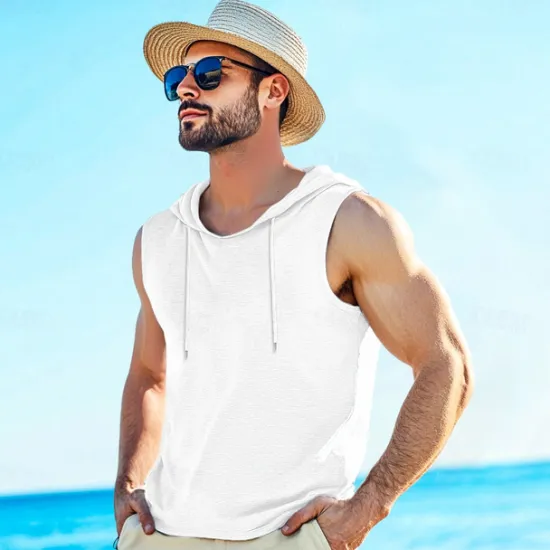 OUKU Men's Tank Top Vest Top Sleeveless Hoodie Sleeveless Shirt Sleeveless Hooded Summer Plain Vacation Designer Muscle Outdoor Going out Beaches White Light Blue Gray Top Tee for Men