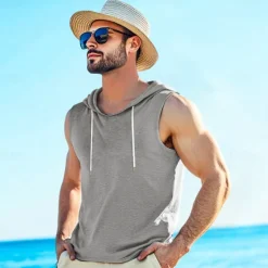 OUKU Men's Tank Top Vest Top Sleeveless Hoodie Sleeveless Shirt Sleeveless Hooded Summer Plain Vacation Designer Muscle Outdoor Going out Beaches White Light Blue Gray Top Tee for Men