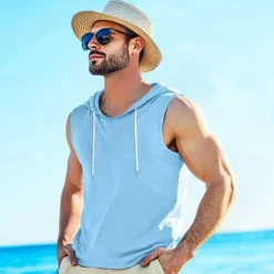 OUKU Men's Tank Top Vest Top Sleeveless Hoodie Sleeveless Shirt Sleeveless Hooded Summer Plain Vacation Designer Muscle Outdoor Going out Beaches White Light Blue Gray Top Tee for Men