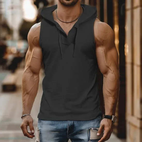Online OUKU Men's Tank Top Vest Top Sleeveless Shirt Sleeveless Hooded Button Summer Plain Fashion Designer Muscle Buttons Hoop Outdoor Going out Gym Black White Top Tee for Men