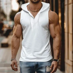 Online OUKU Men's Tank Top Vest Top Sleeveless Shirt Sleeveless Hooded Button Summer Plain Fashion Designer Muscle Buttons Hoop Outdoor Going out Gym Black White Top Tee for Men